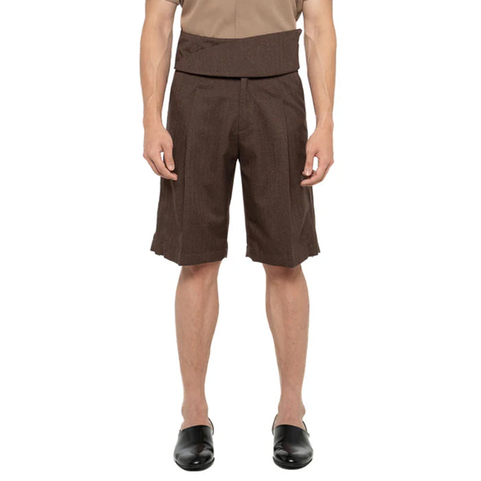 BROWN HERRINGBONE SHORT PANTS WITH DETACHABLE PICKED COLLAR BELT