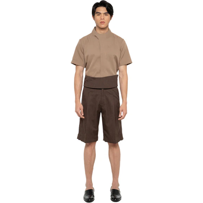 BROWN HERRINGBONE SHORT PANTS WITH DETACHABLE PICKED COLLAR BELT