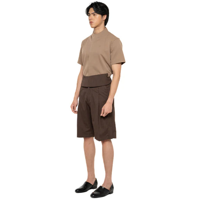 BROWN HERRINGBONE SHORT PANTS WITH DETACHABLE PICKED COLLAR BELT