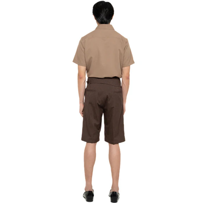 BROWN HERRINGBONE SHORT PANTS WITH DETACHABLE PICKED COLLAR BELT