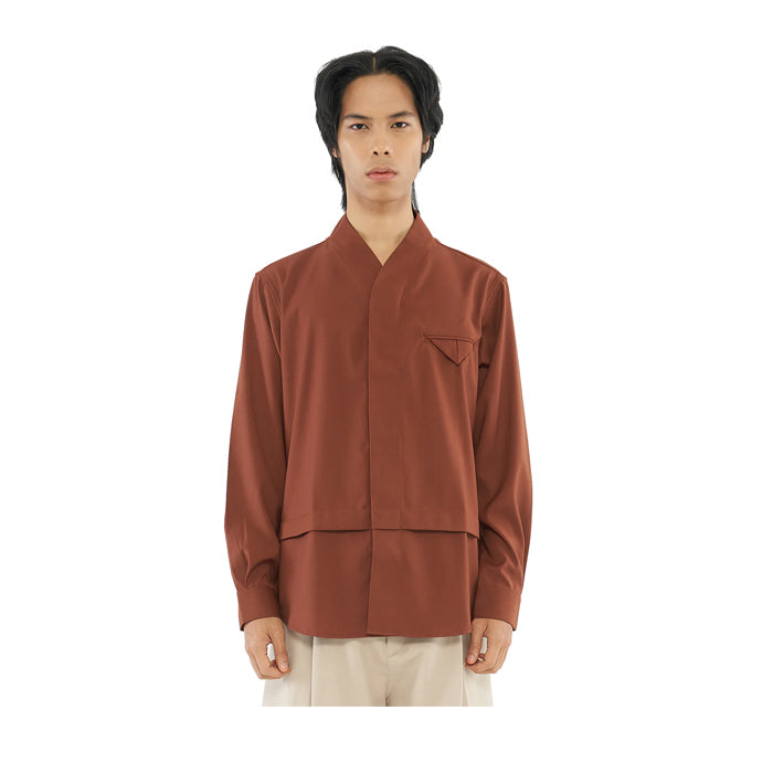 TERRACOTTA COLLARLESS SHIRT WITH PLEATS AND POCKET JS