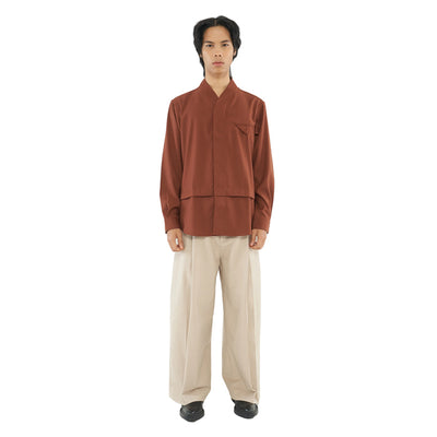 TERRACOTTA COLLARLESS SHIRT WITH PLEATS AND POCKET JS