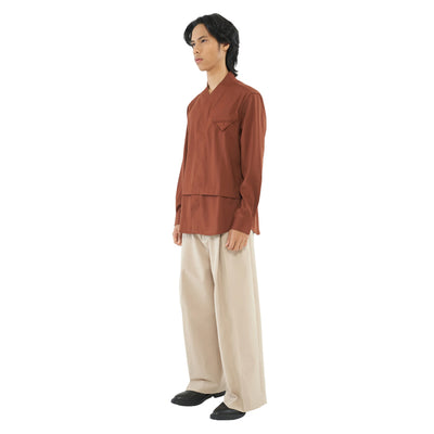 TERRACOTTA COLLARLESS SHIRT WITH PLEATS AND POCKET JS