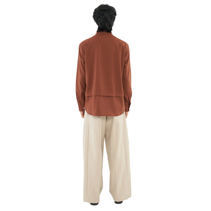 TERRACOTTA COLLARLESS SHIRT WITH PLEATS AND POCKET JS