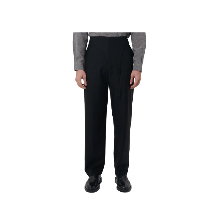 BLACK DROPPED CROTCH PANTS WITH OVERLAP WAISTBAND JS