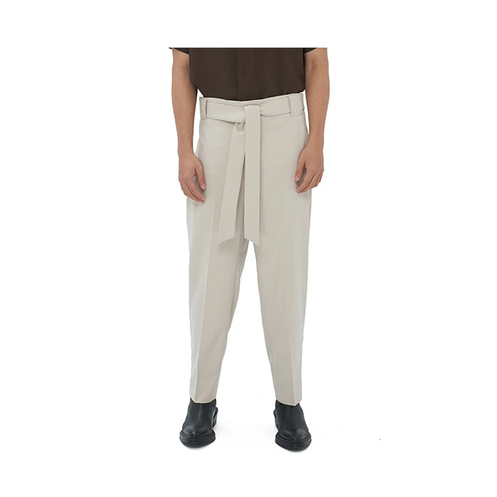 BEIGE LOOSE PANTS WITH SNAP BUTTON PLEATED WAISTBAND