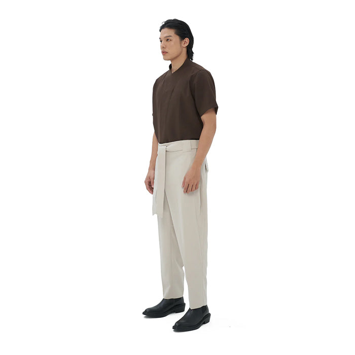 BEIGE LOOSE PANTS WITH SNAP BUTTON PLEATED WAISTBAND